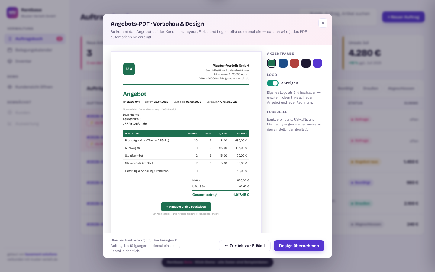 Angebots-PDF mit eigenem Briefpapier und Online-Bestätigung