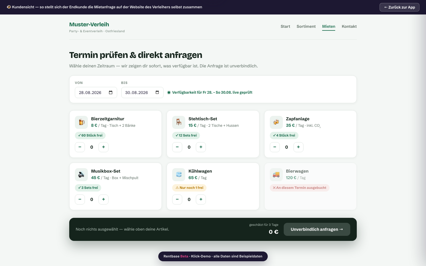 Mietanfrage-Konfigurator: Kunden wählen Artikel und Zeitraum auf der Website des Verleihers